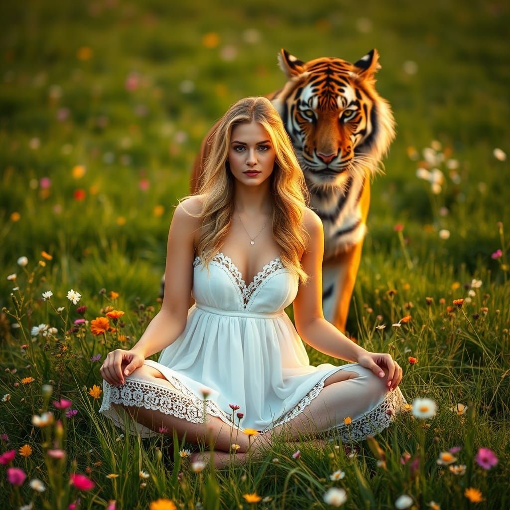 Woman Meditating with Tiger in Lush Meadow