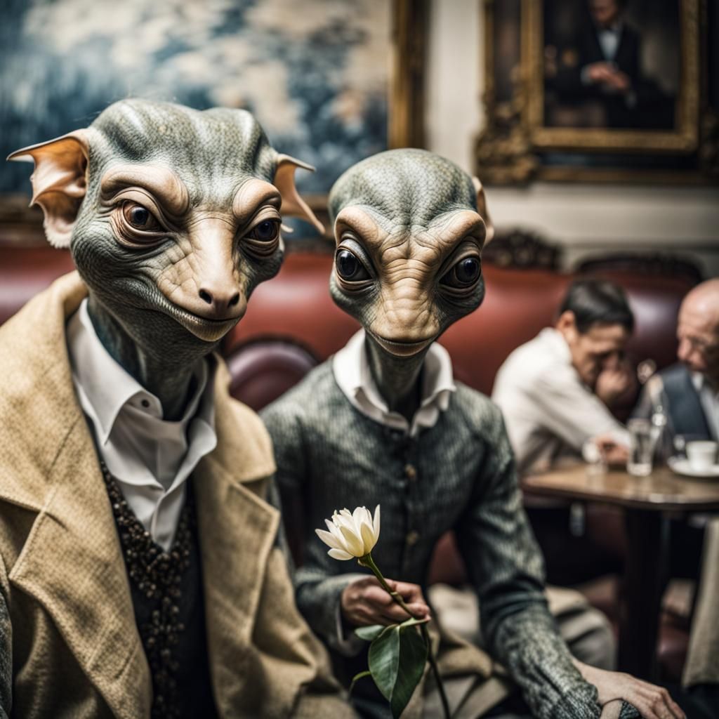 Surreal Alien Celebration in Dreamy Restaurant