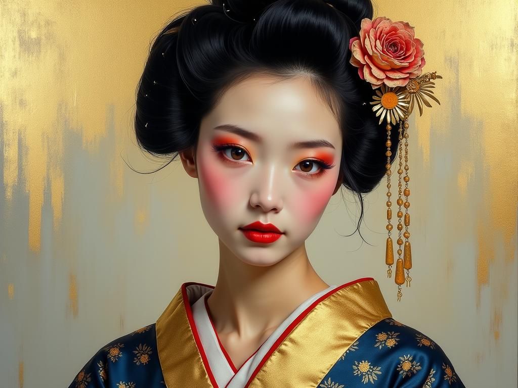 Geisha in Gold Kimono: Luminous Impressionist Oil Painting