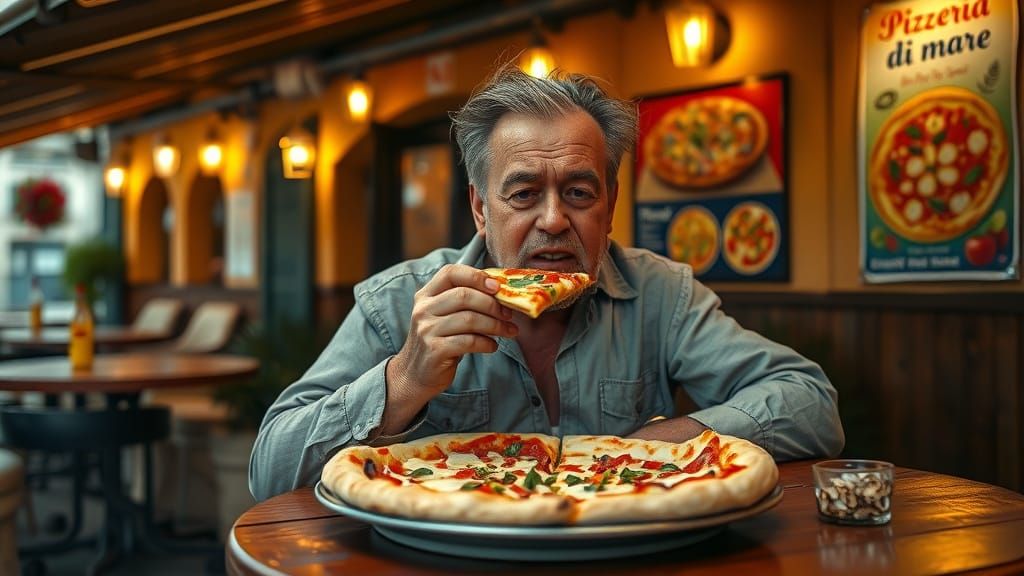 Man Enjoys Pizza at French Pizzeria in Photorealistic Style