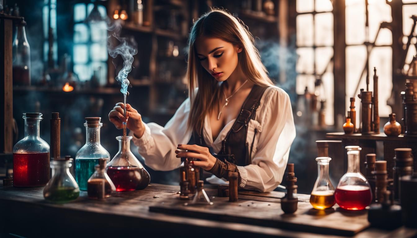 Enchanting Alchemist Girl Making Magical Potions