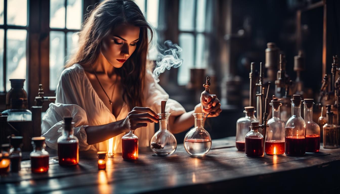 Enchanting Alchemist Girl Making Magical Potions