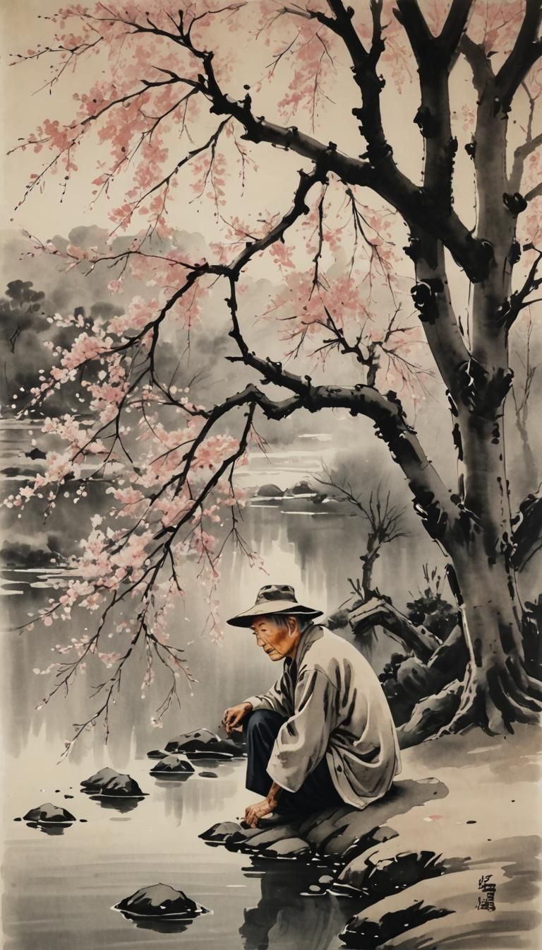 Peaceful Sumi-e Painting of Cherry Trees and Resting Man