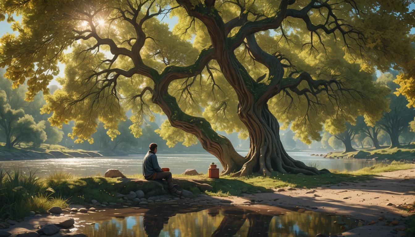 Enchanting Riverside Scene in Detailed Illustration