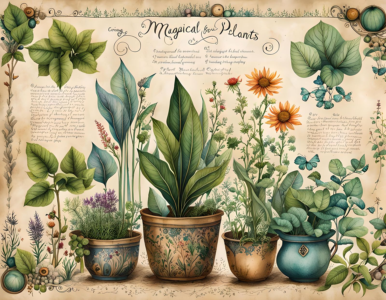 Magical Plants Care Guide: Detailed Ink Illustration