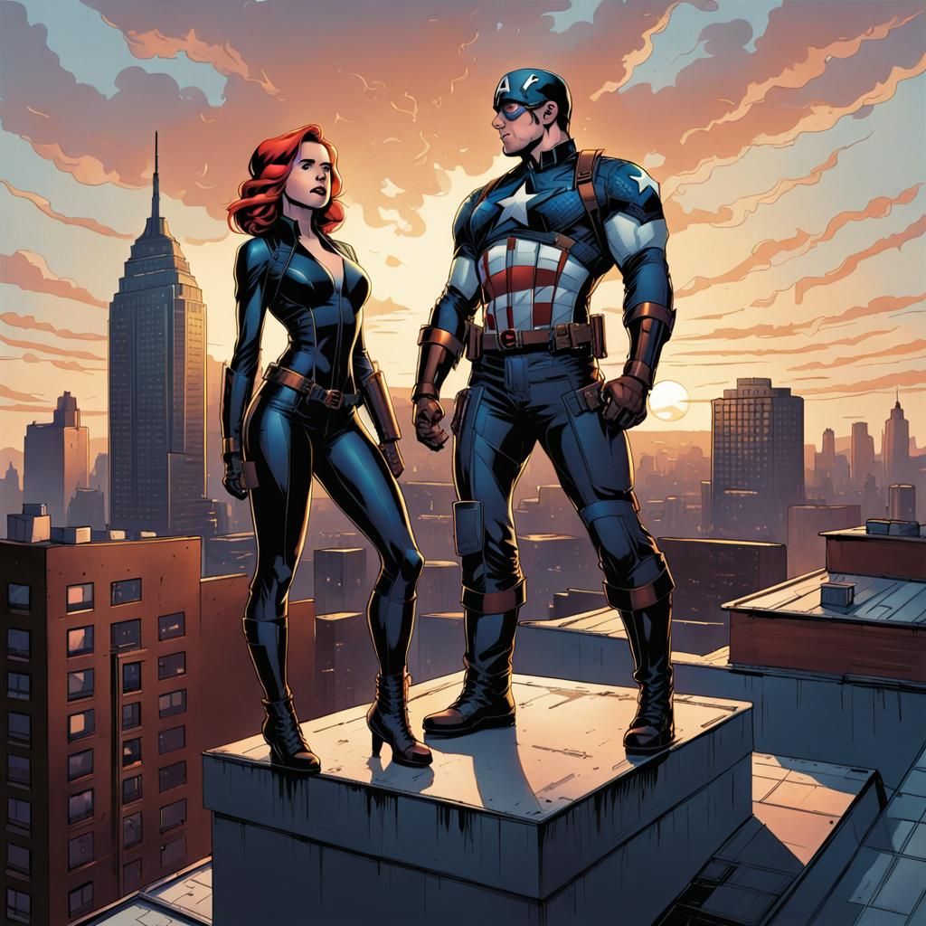 Captain America and Black Widow: Comic Book Rooftop Sunset
