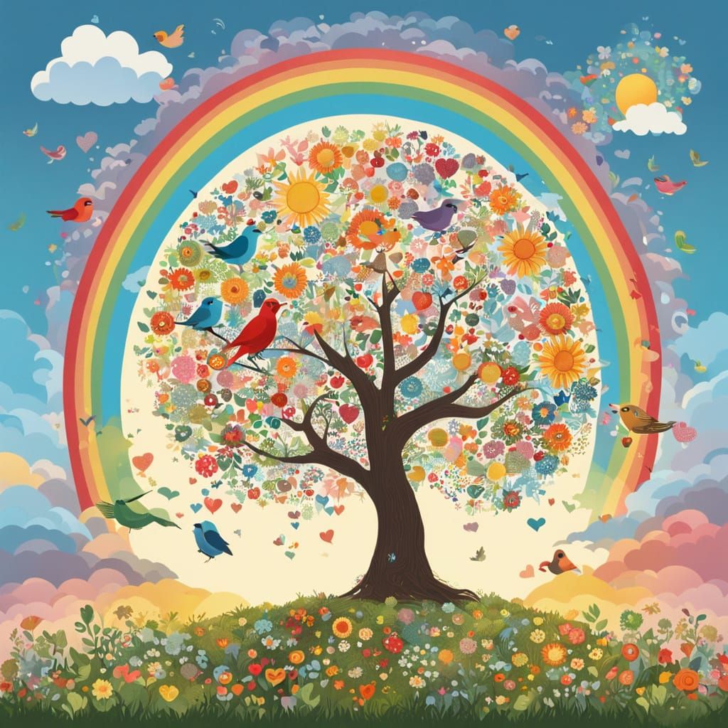Enchanted Tree with Birds, Flowers, and Hearts