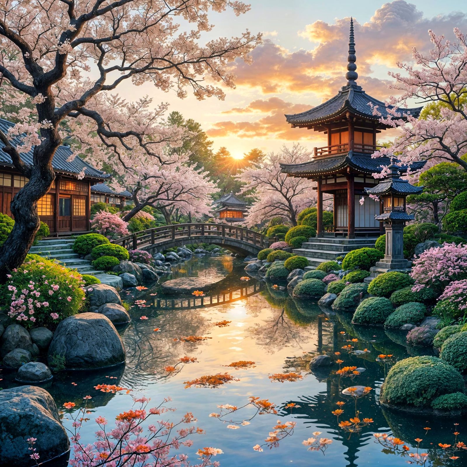 Japanese Garden in Spring Sunset Scene