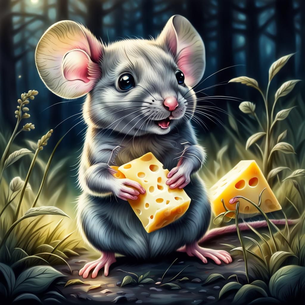 Adorable Mouse in Mystical Forest, Charcoal Drawing