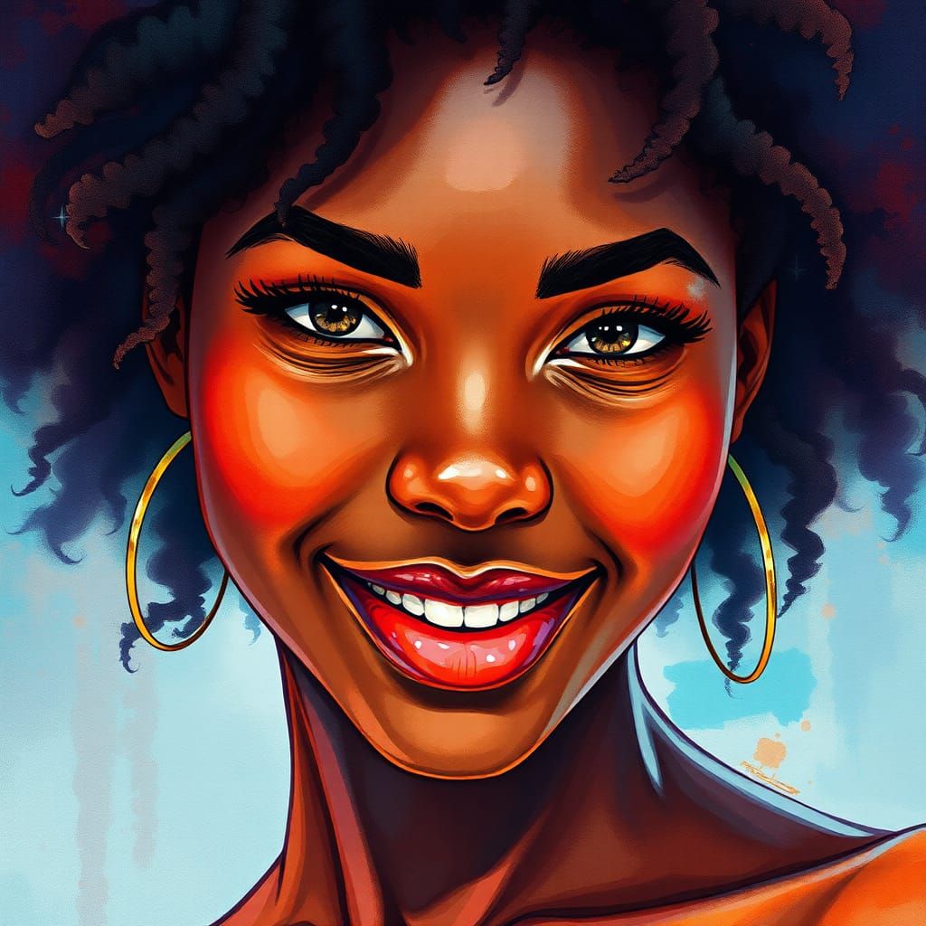 Ebony Woman Portrait in Watercolor Digital Style