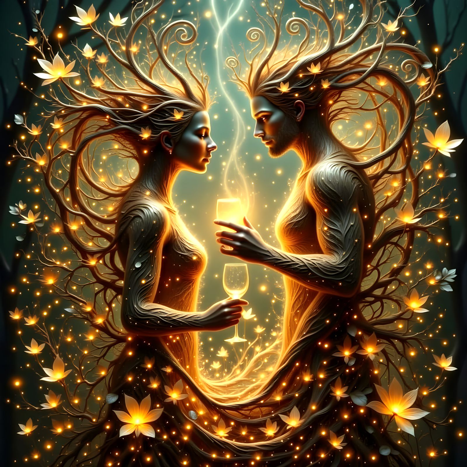 Entwined Tree People Dancing Joyfully With Glowing Wine