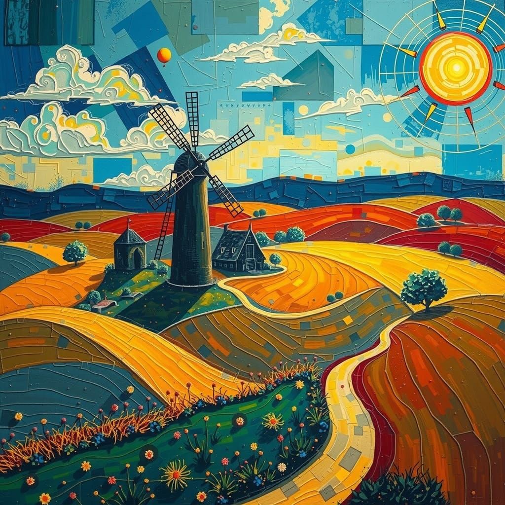 Vibrant Windmill Village Unfolds in Whimsical Expressionist ...