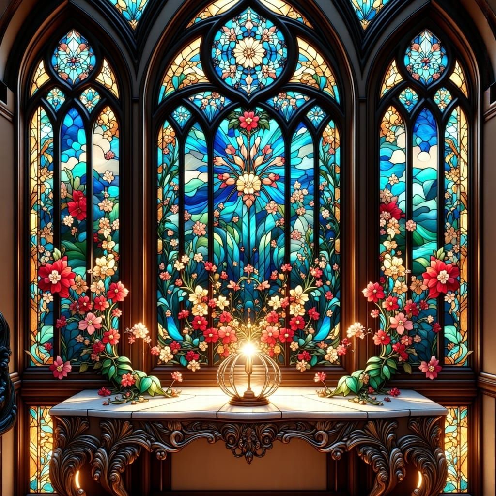Stained Glass Window with Ornate Table, Art Nouveau Style