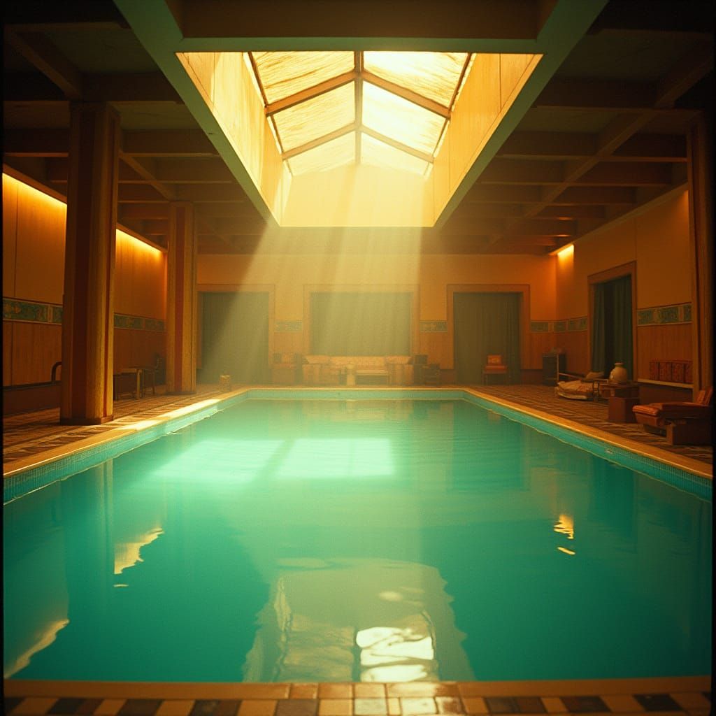 Retro Indoor Pool Scene in Warm, Golden Light