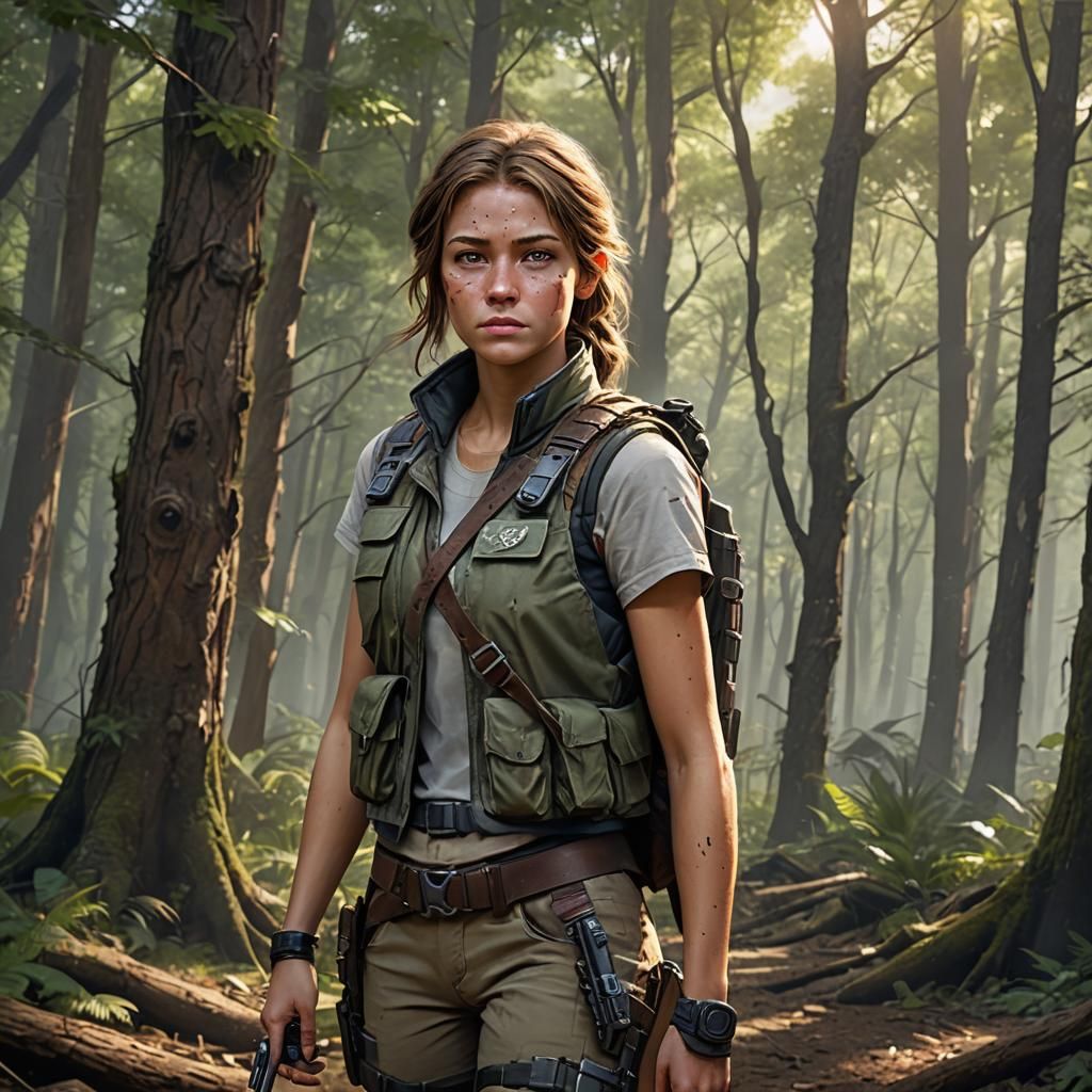 Survivor Girl in Forest: Detailed Matte Painting