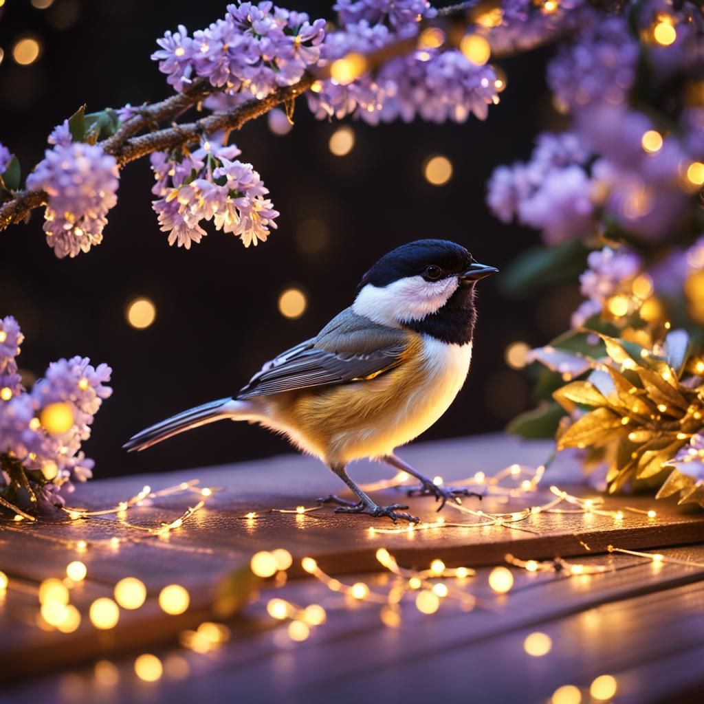Chickadee Among Christmas Lights in Hyper-Realistic Style