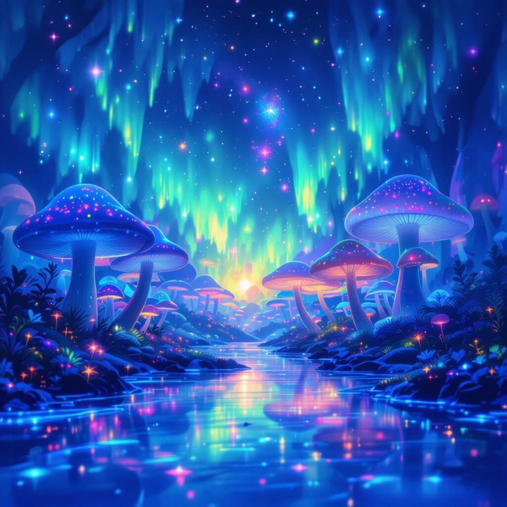 Vibrant Magic Forest with Luminous Mushrooms in Astral Style