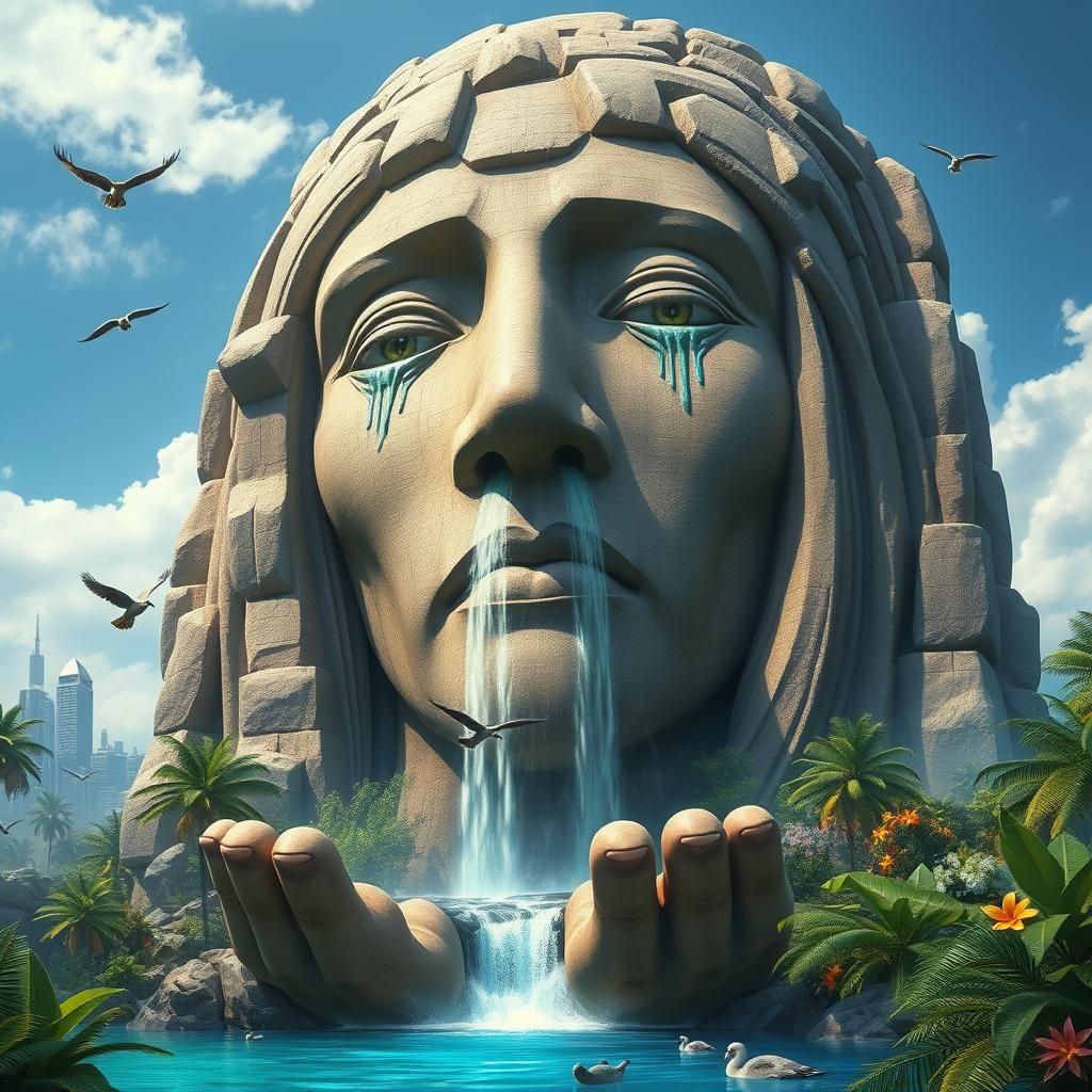 Monumental Mother Earth Statue Over Jungle Oasis