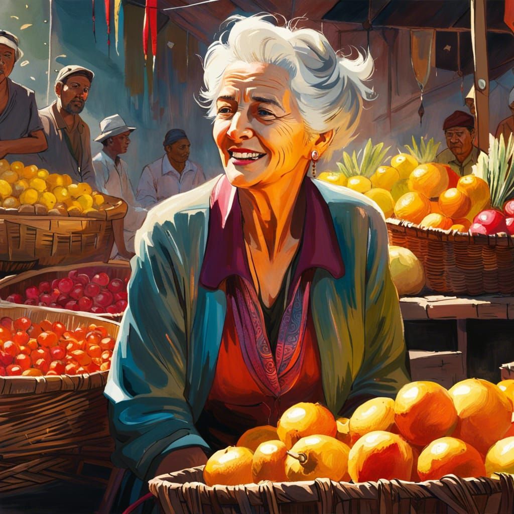 Bustling Market Scene with Woman Smelling Fruit