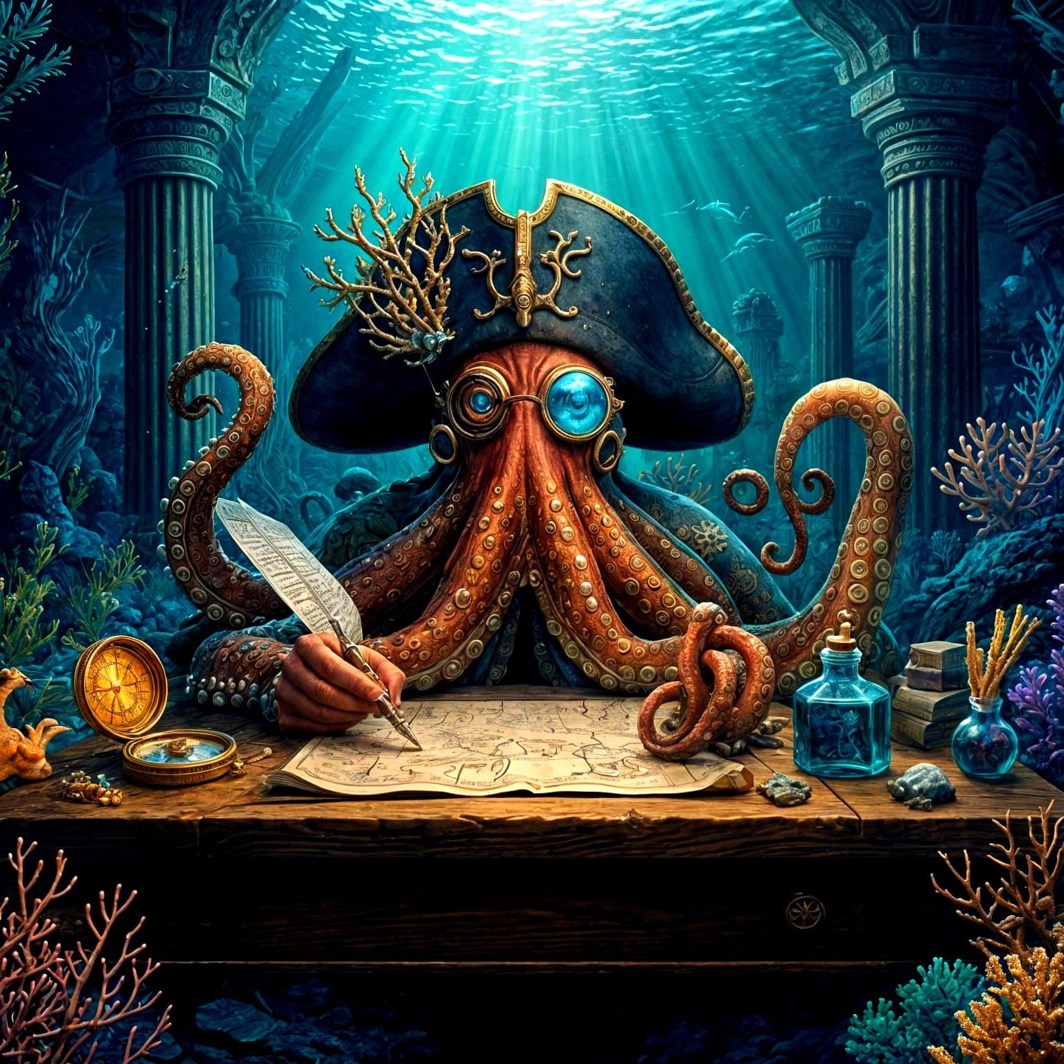 Octopus Pirate Planning Treasure Map in Fantasy Underwater S...