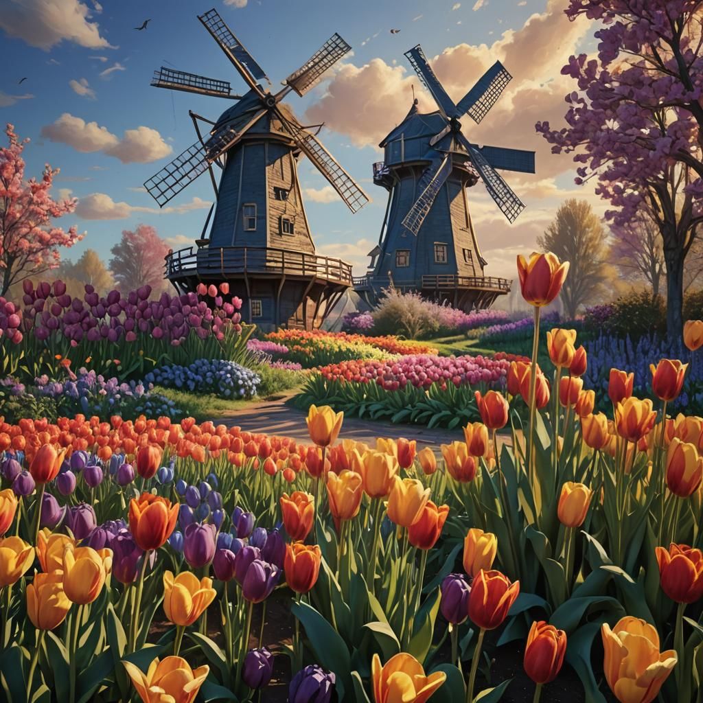 Dutch Windmill and Tulips in Hyperrealistic Splash Art