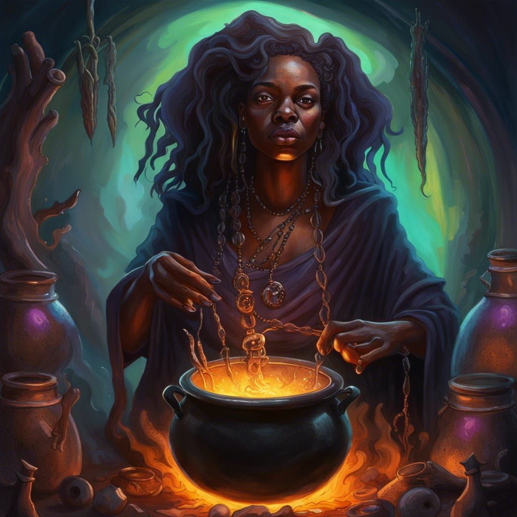 African American Witch with Cauldron in Splash Art