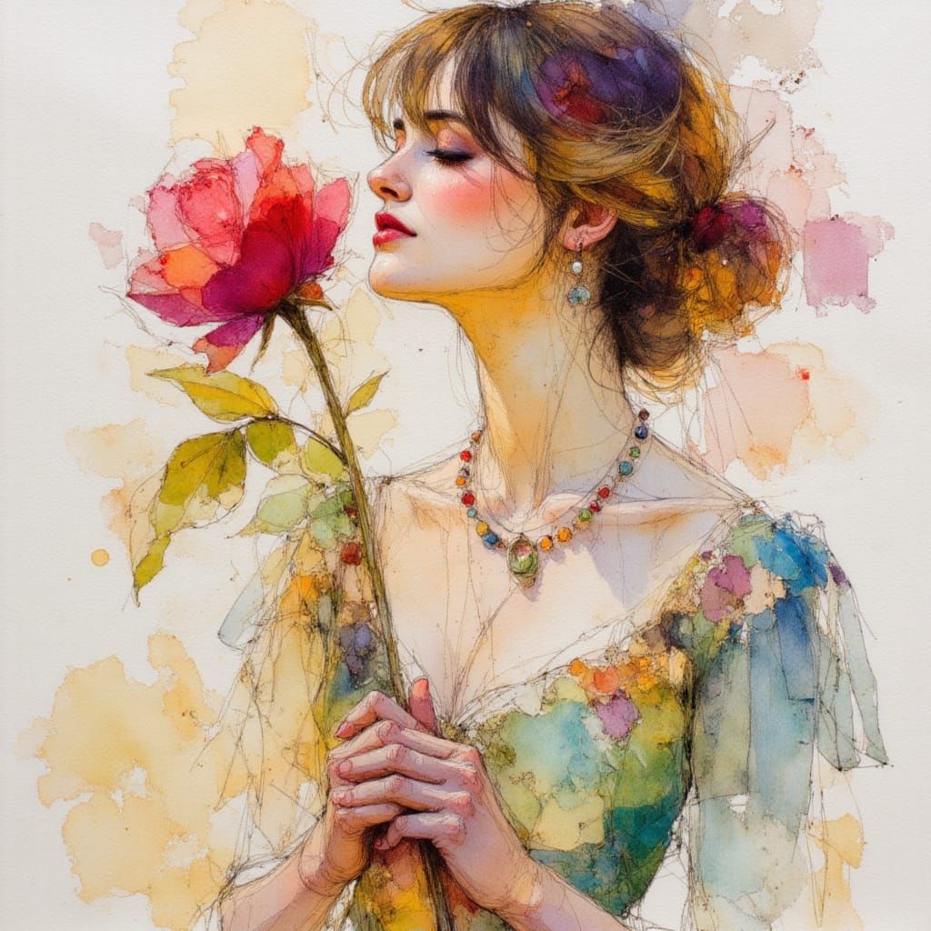 Intricate Belle with Rose in Neurographic Ink Style