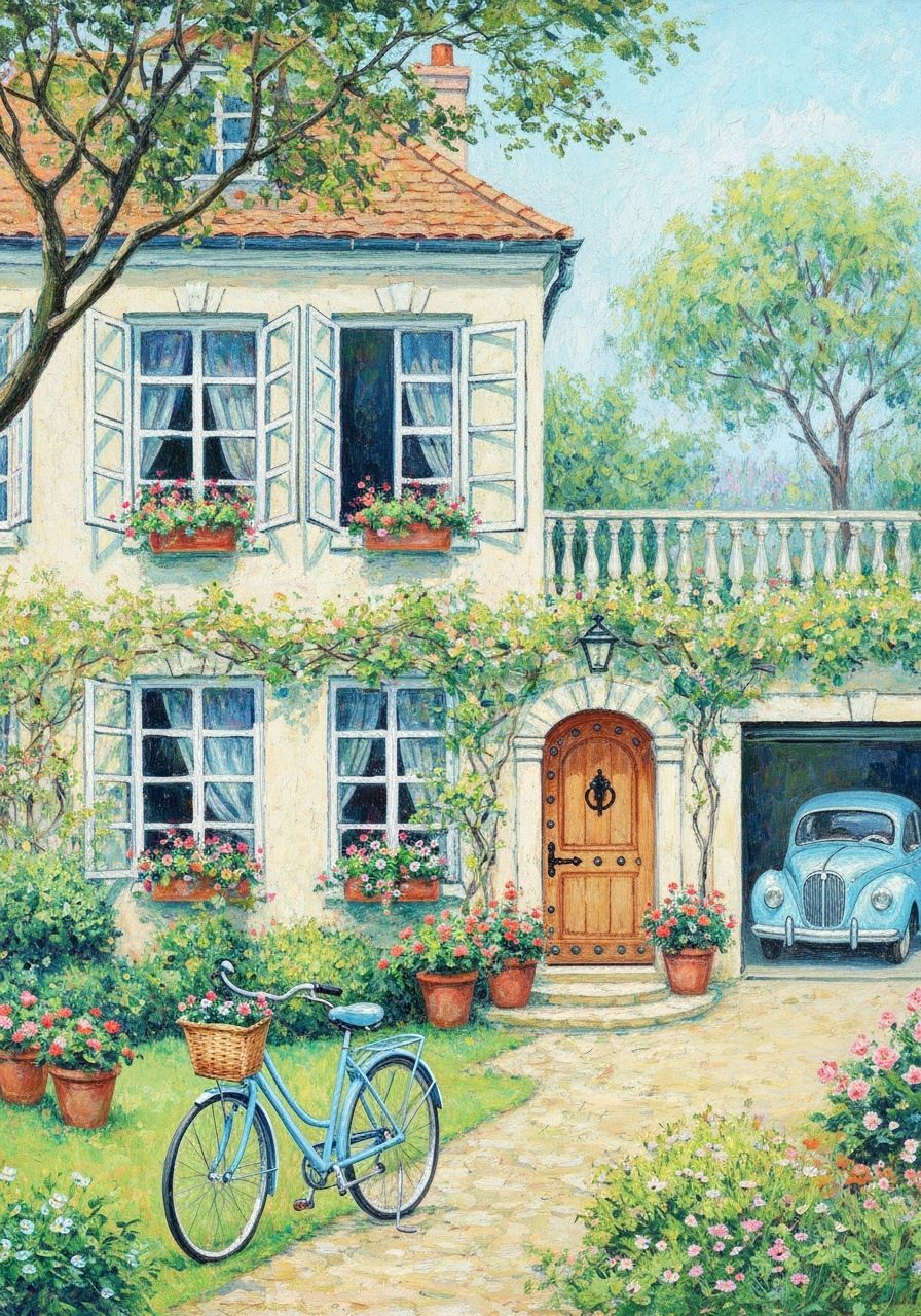 Impressionist Country House with Vibrant Garden Scene