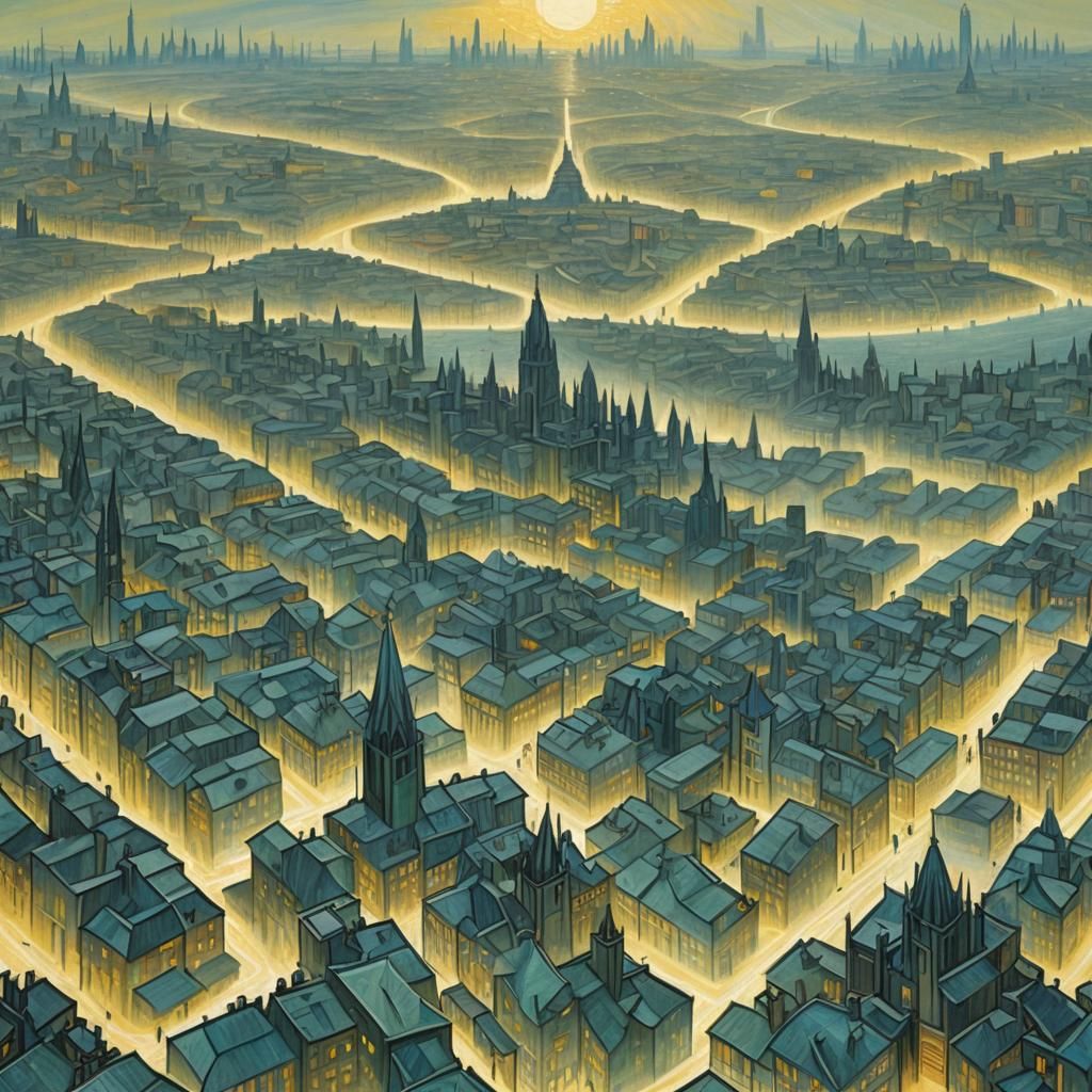 Surreal Linear City in Mist, Post-Impressionist Style