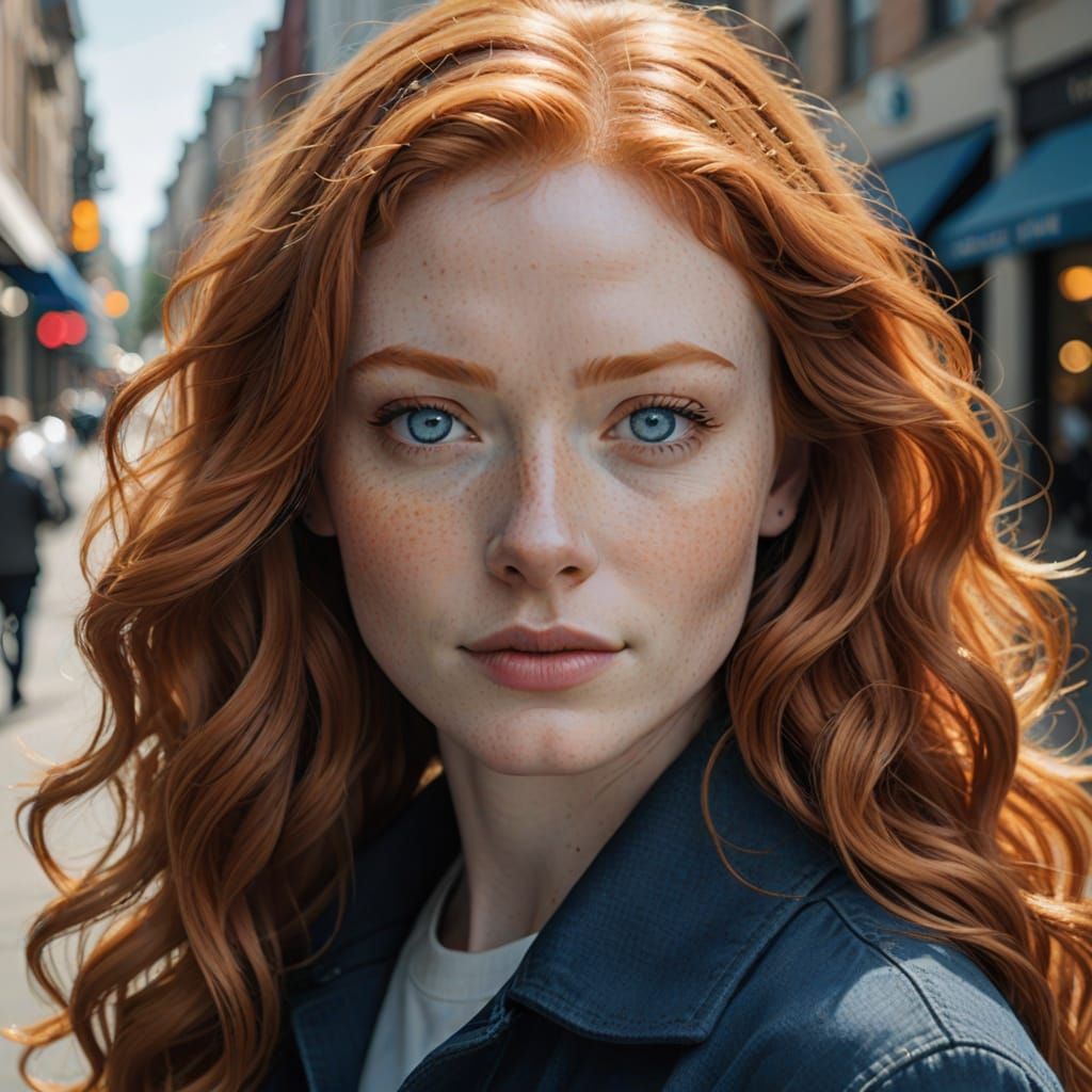 A Young Redhead Girl with Wavy Hair and Blue Eyes