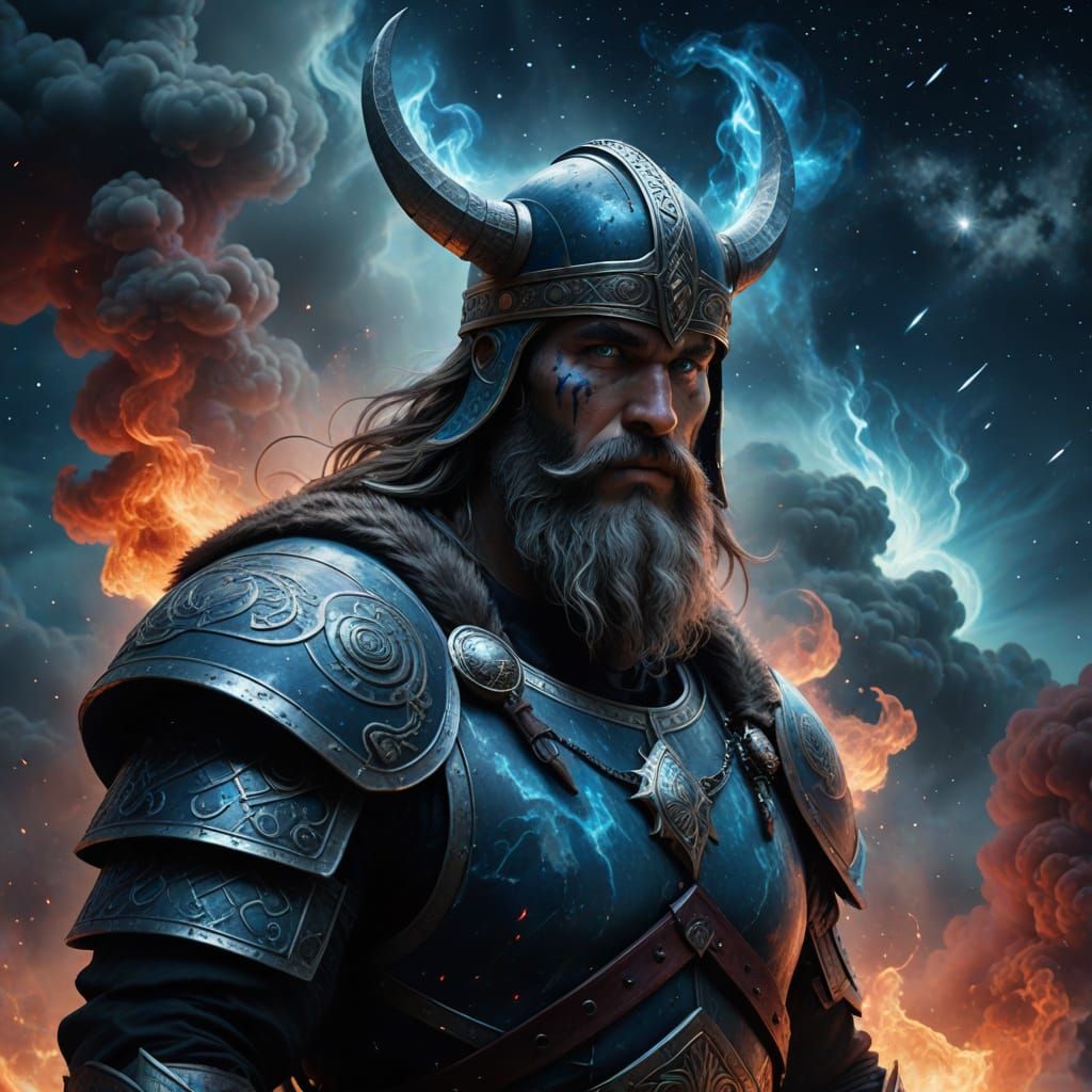 Viking Warrior in Nebulae: Hyperrealistic Portrait