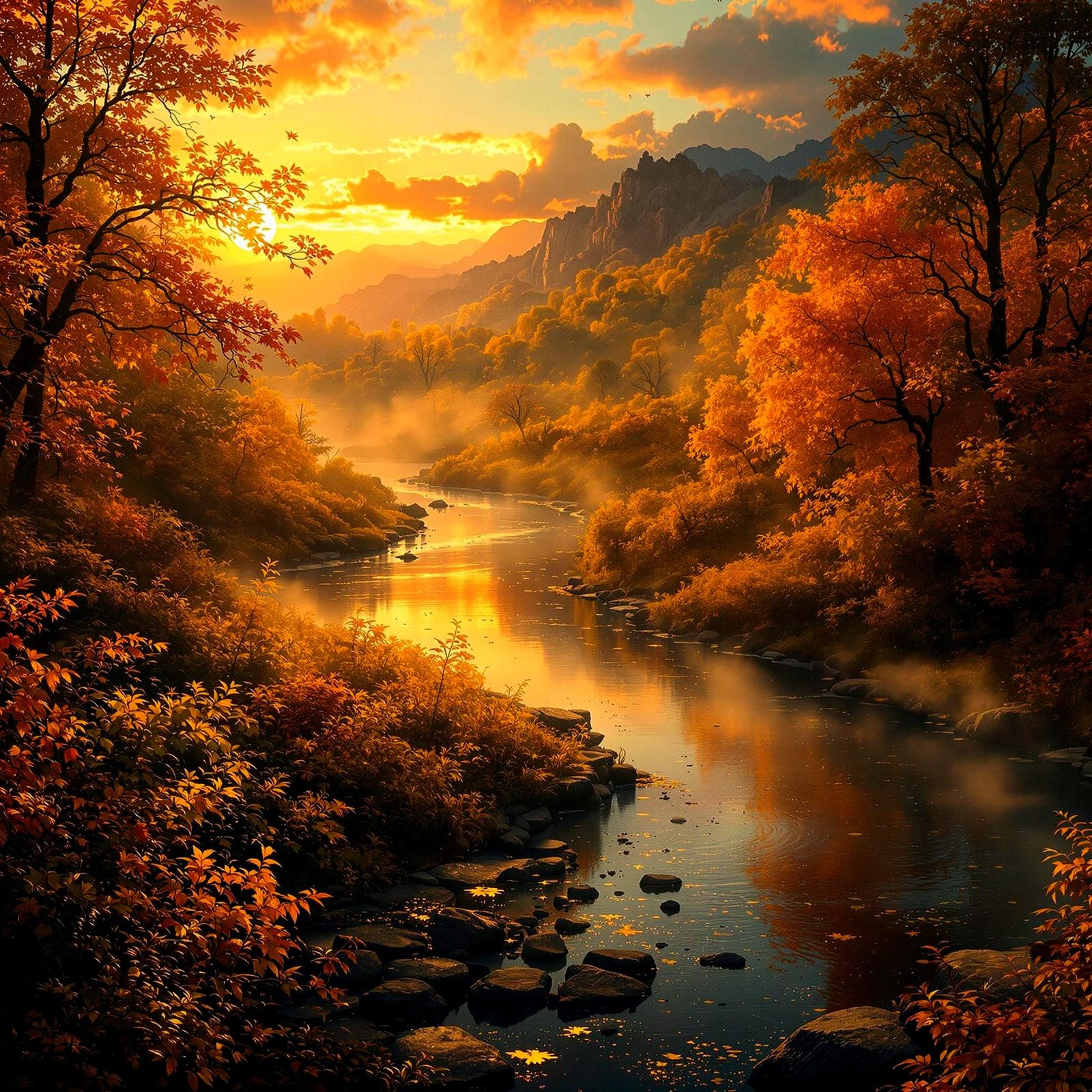 Surreal Autumn Sunset on a Winding River in Photorealistic S...