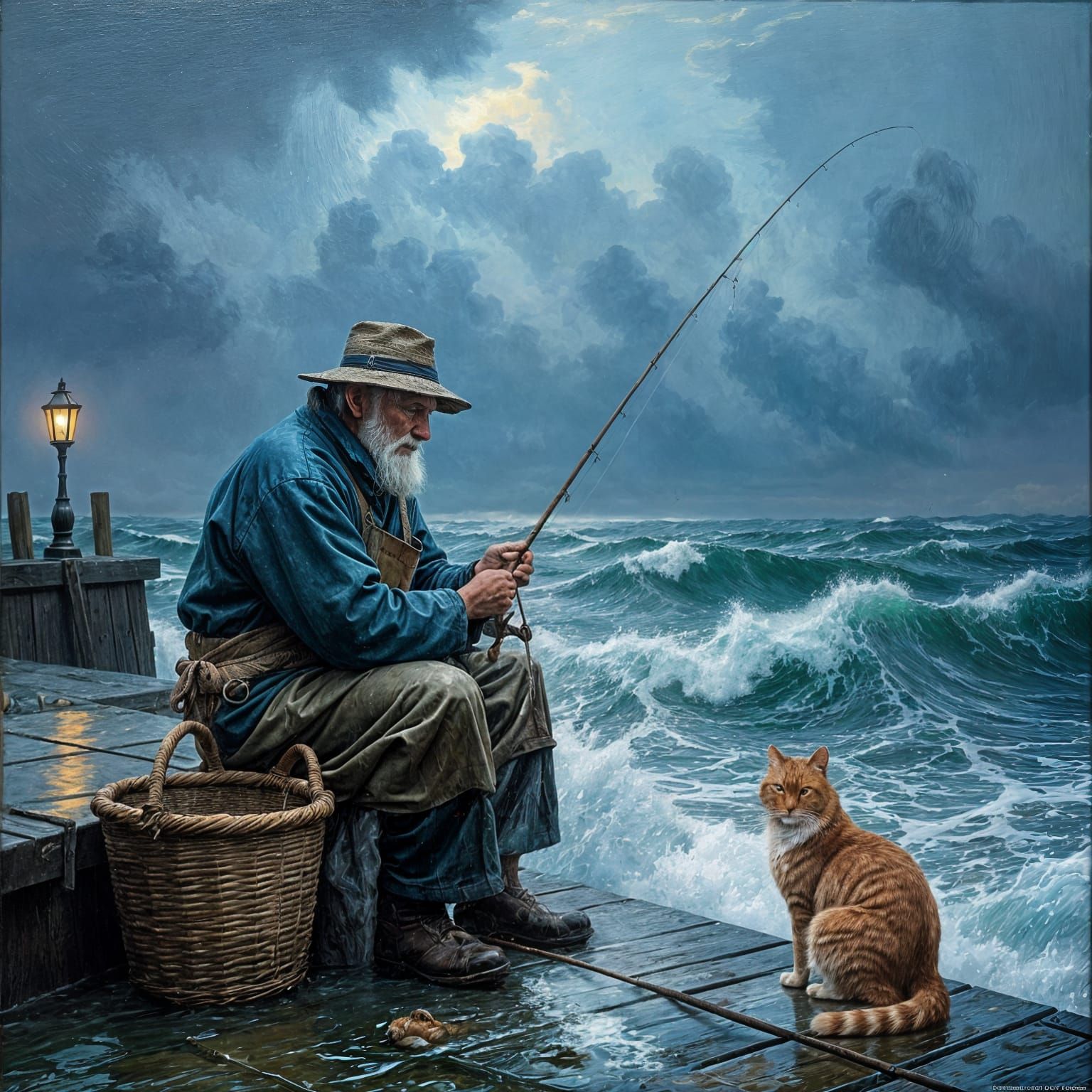 Old Fisherman Braving Stormy Seas in Oil Painting Style