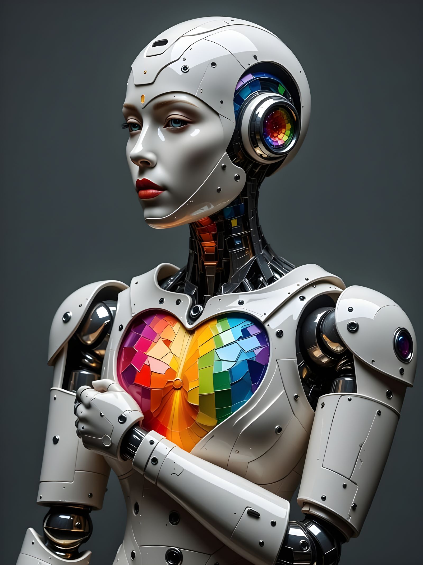 Vibrant Robot Heart in a Rainbow-Colored Helmet