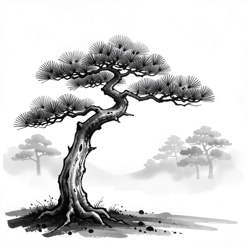 Elegant Pine Tree in Japanese Ink Wash Style
