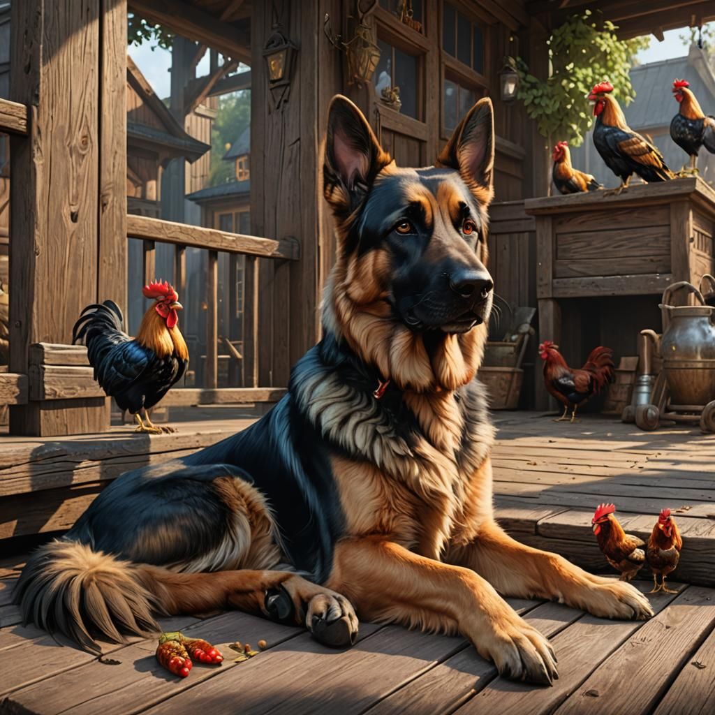 German Shepherd and Rooster: Detailed Matte Painting