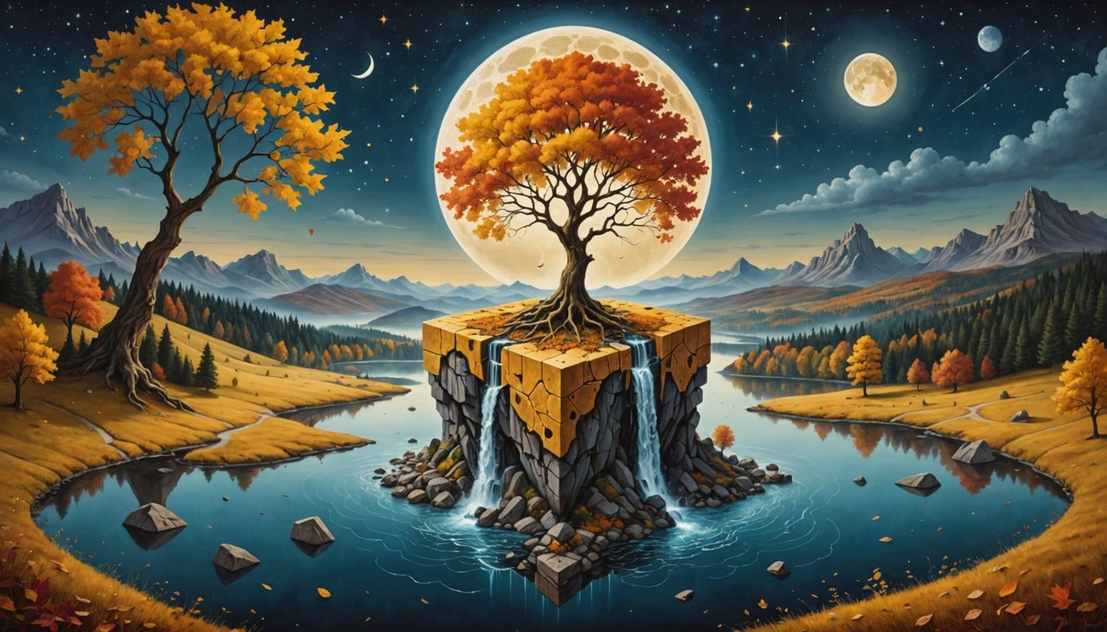 Surreal Autumn Landscape in Fractured Cube