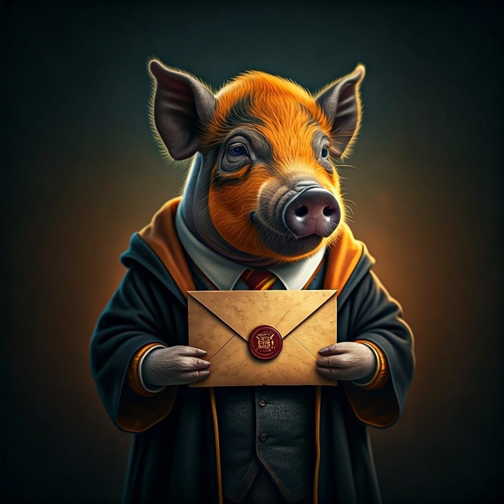 Pig in Hogwarts Attire, Hyper-Realistic Photo