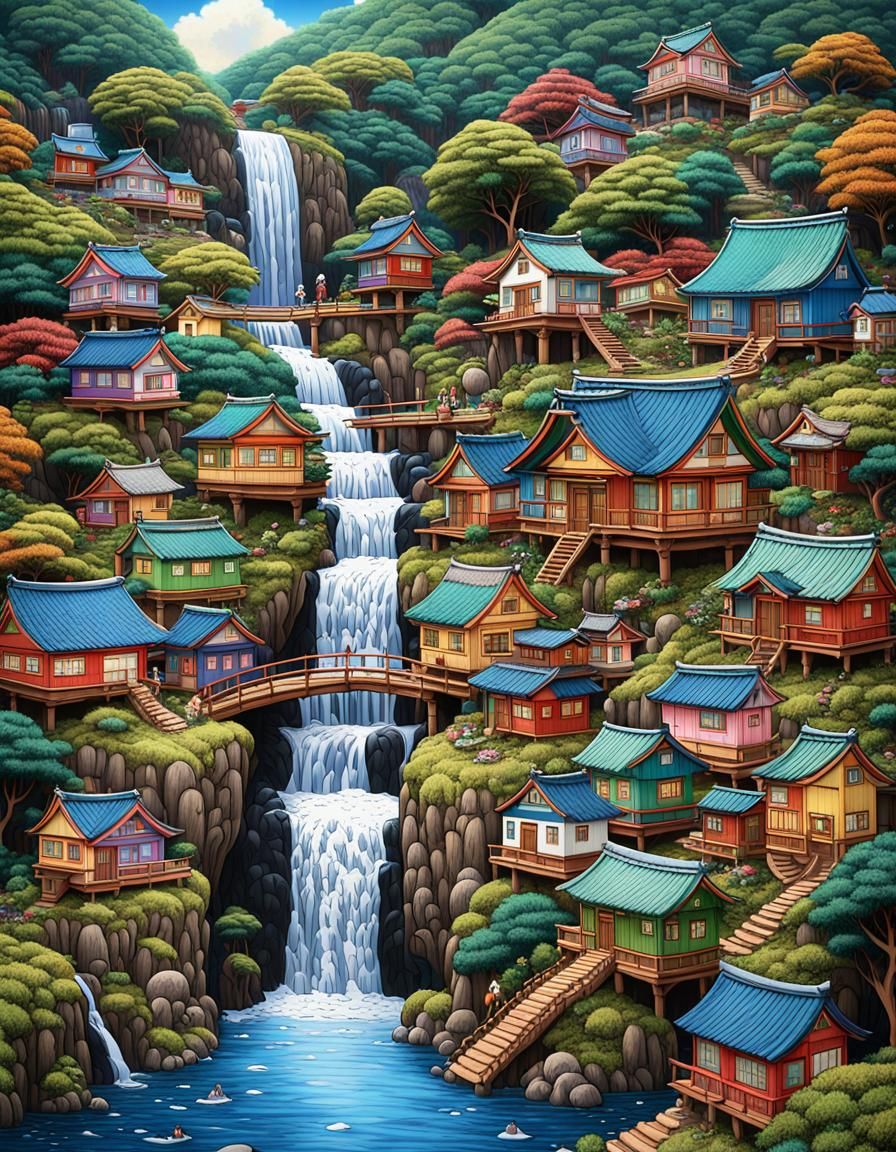 Japanese Village on Hillside in Anime-Inspired Style