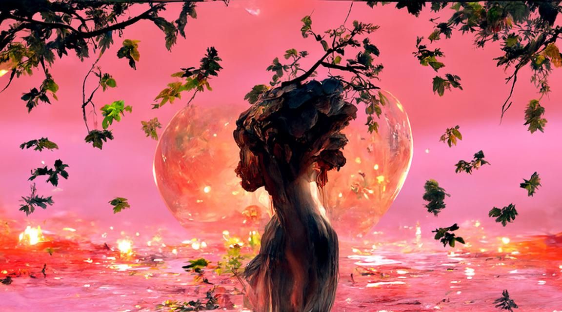 Pink Forest Landscape with Moon, Oil Painting