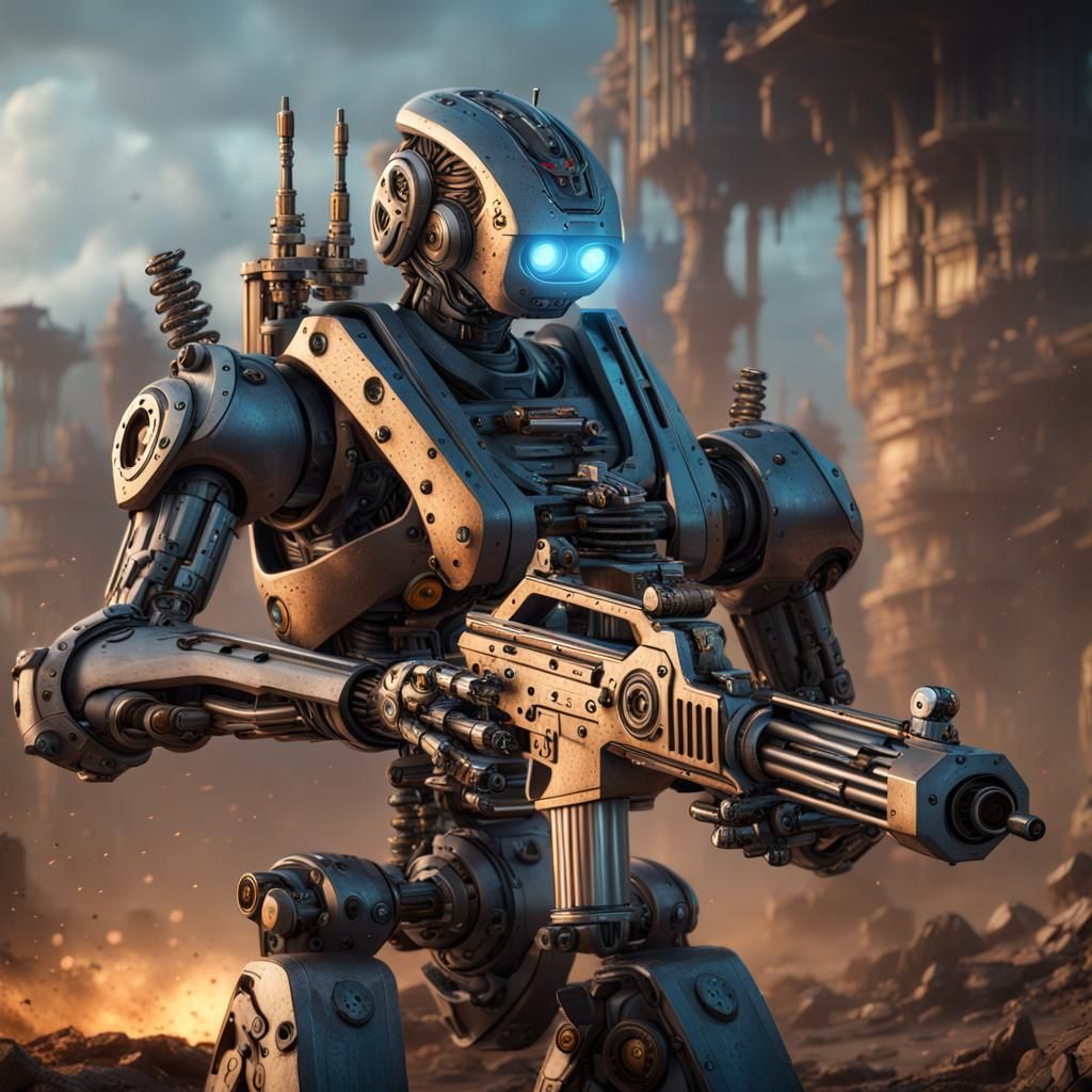 Humanoid Robot with Gatling Gun, Detailed Matte Painting