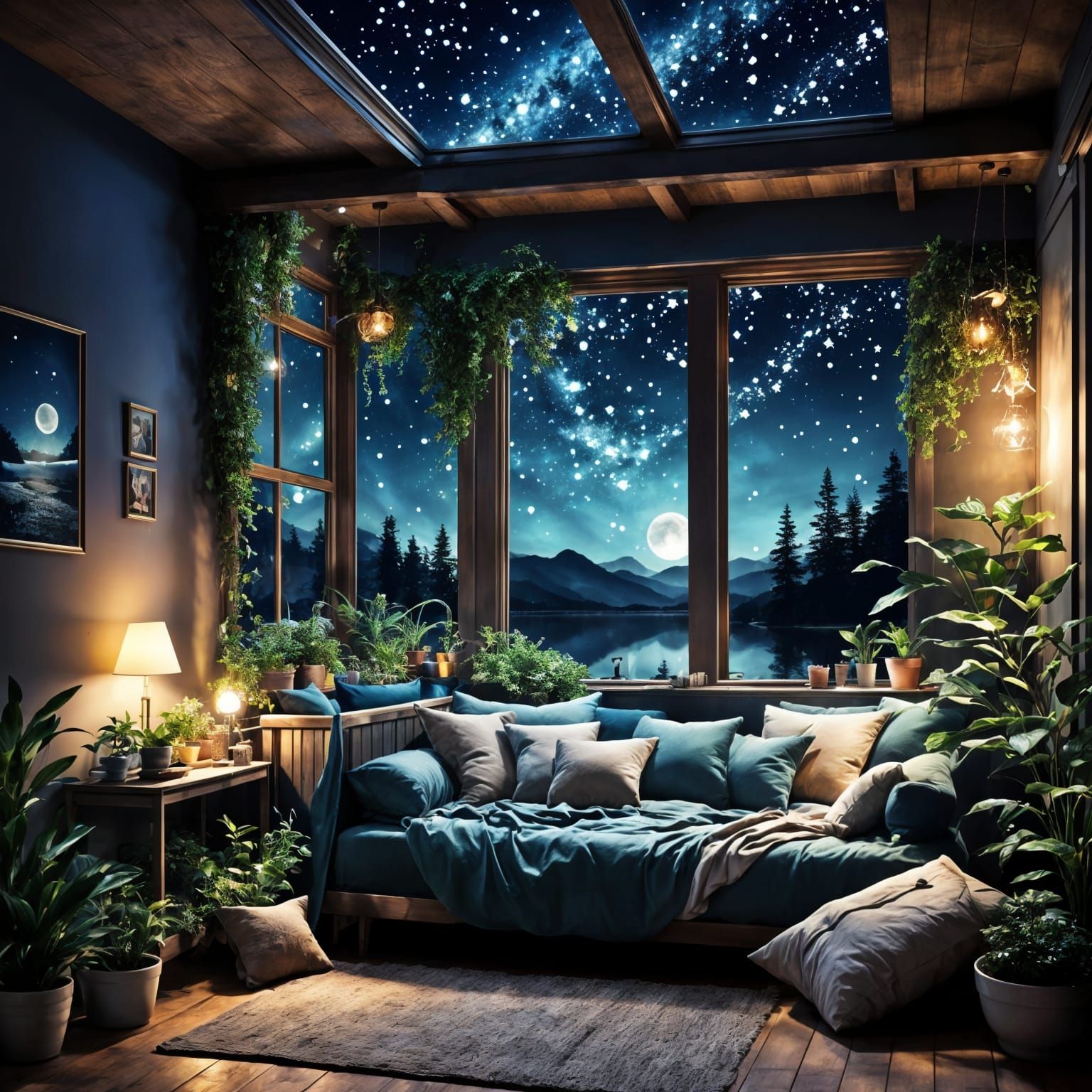 Cozy Midnight Room with Stars and Plants