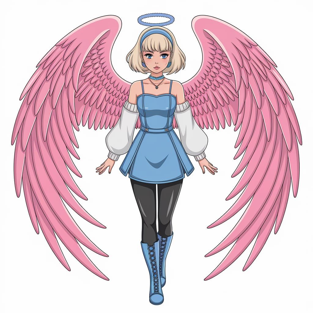 Anime Woman with Pink Angel Wings in Elegant Blue Outfit