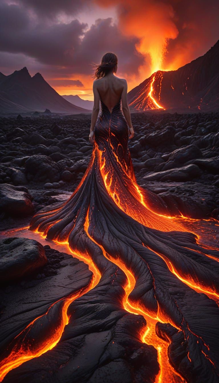 Lava Woman at Sunset in Surreal Landscape