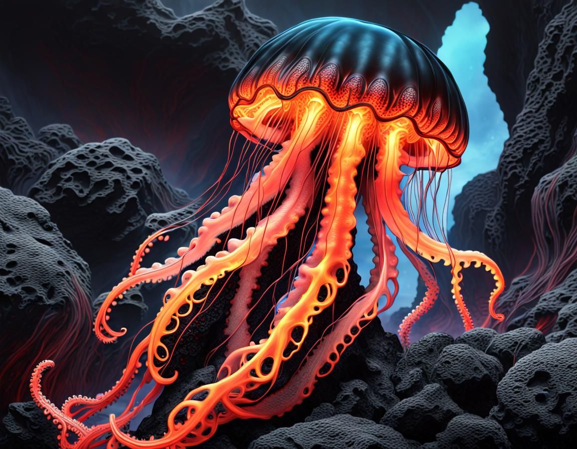 Alien Lava Jellyfish with Flowing Tentacles
