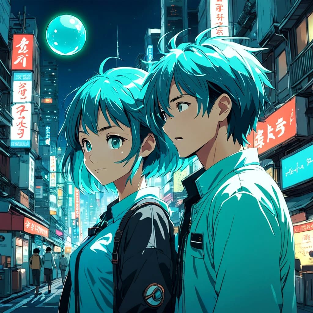 Friends in Turquoise Neon Cityscape Anime Art