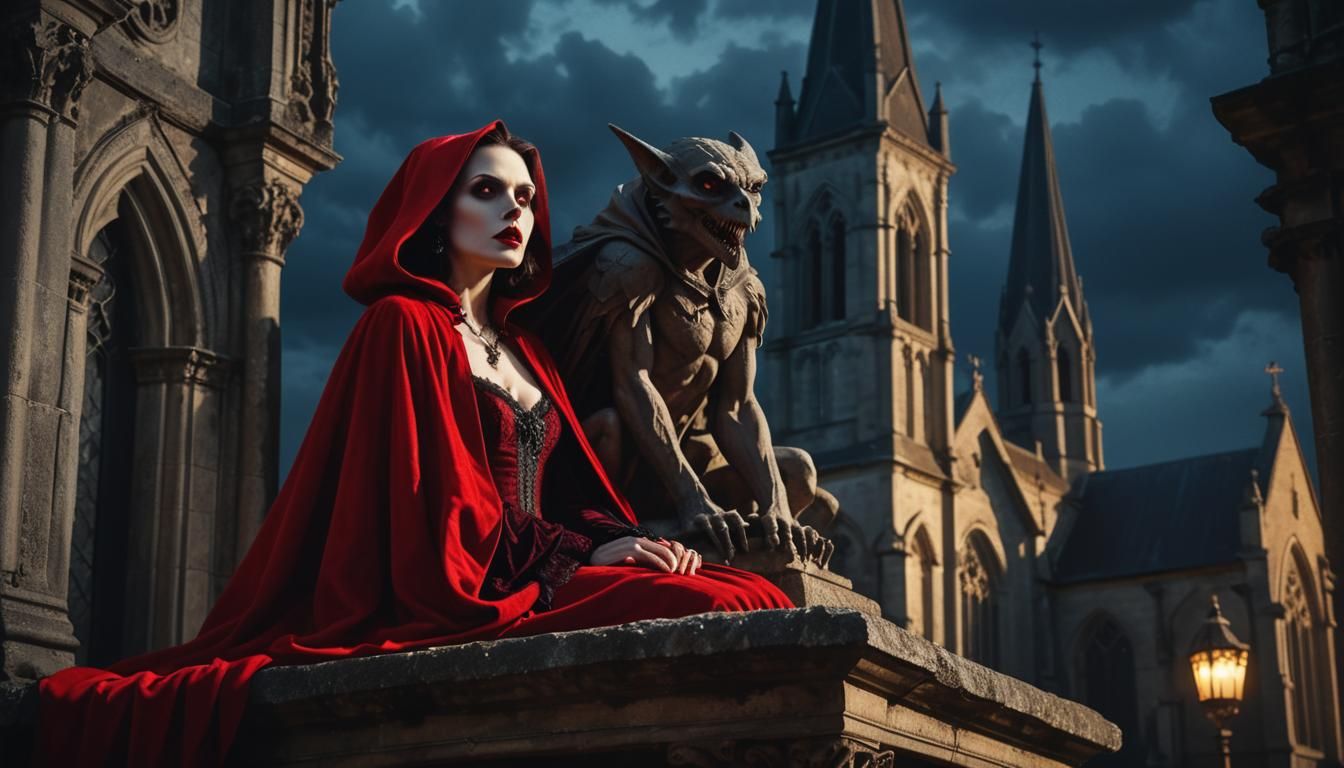 Vampiress on Gargoyle in Dark Academia Style