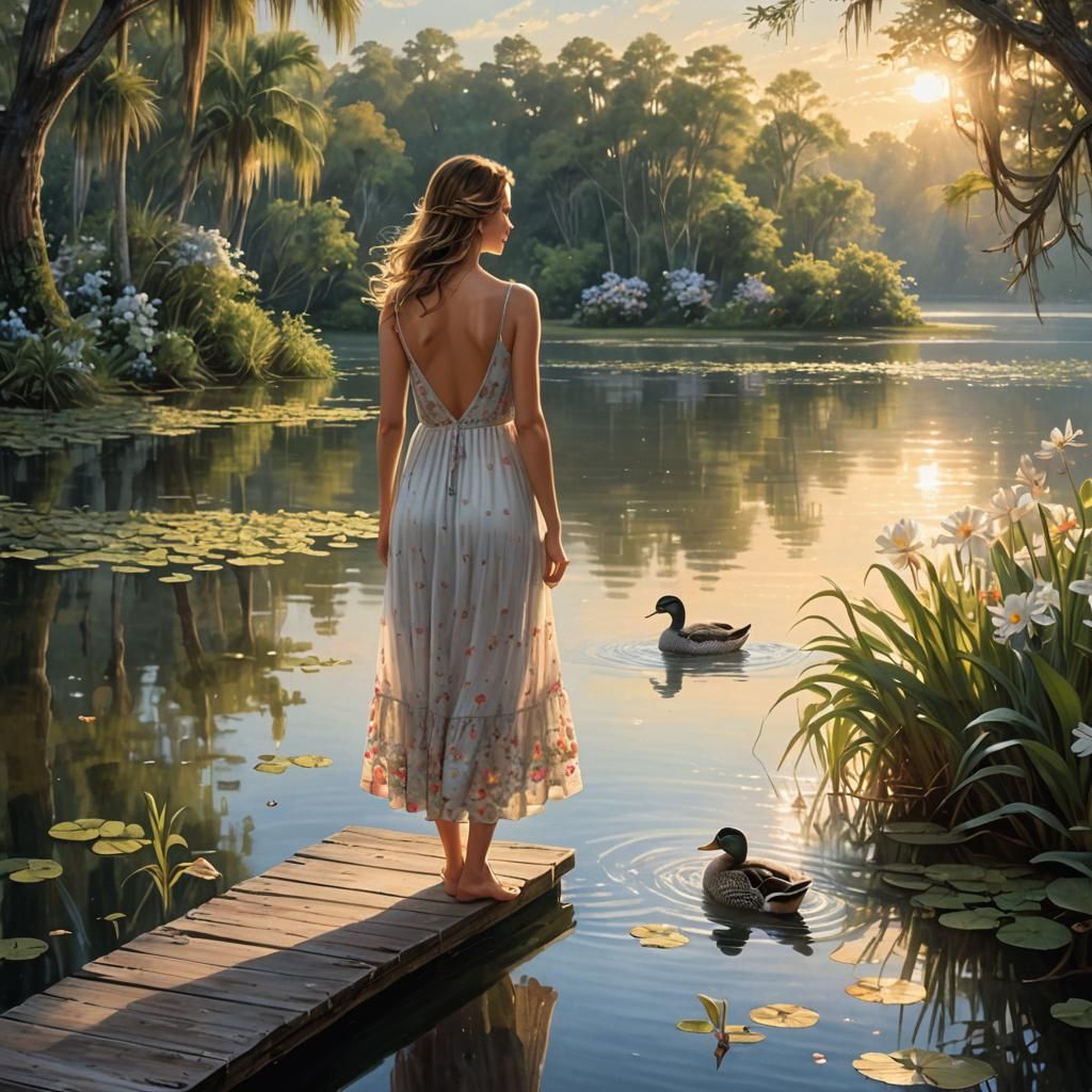 Woman and Ducks at Twilight, Watercolor Illustration