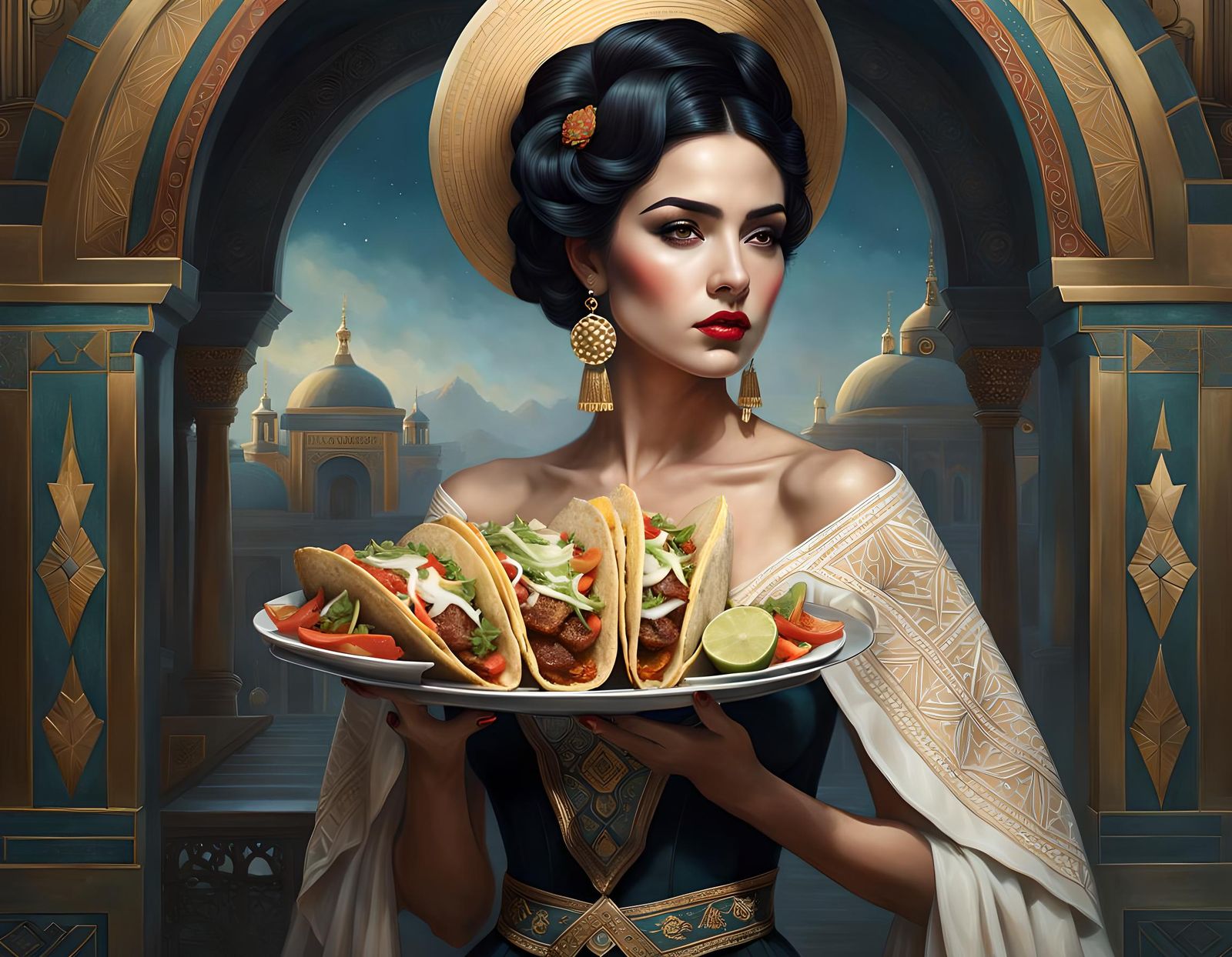 Latina Portrait Holding Tacos in Hyperrealistic Style