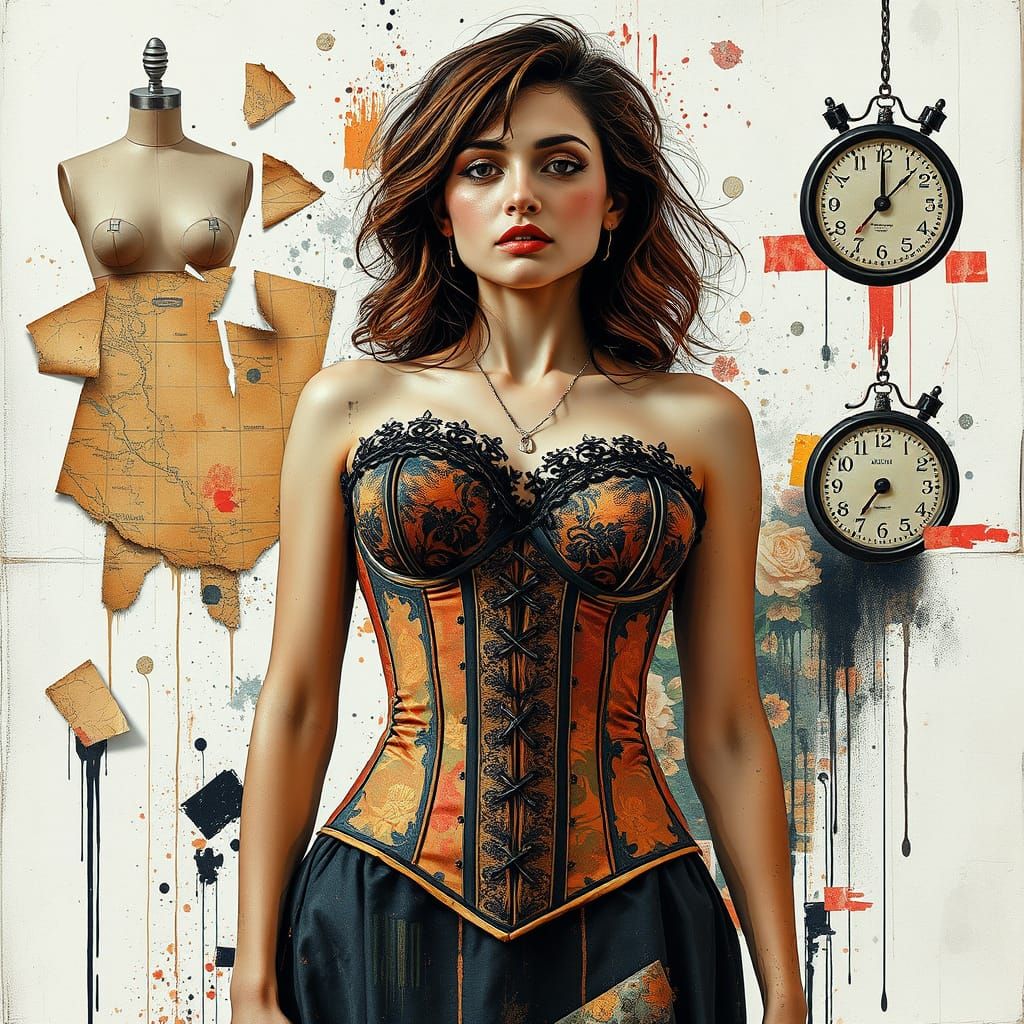 Woman in Distressed Corset Amidst Shattered Mannequin Fragme...